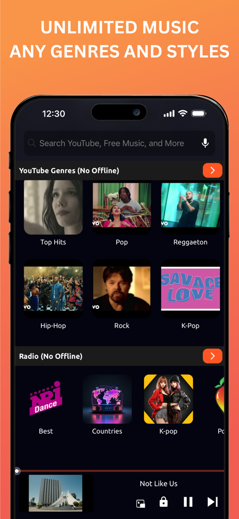 Interface of the Music Downloader app showcasing various music genres and radio categories on a smartphone screen.