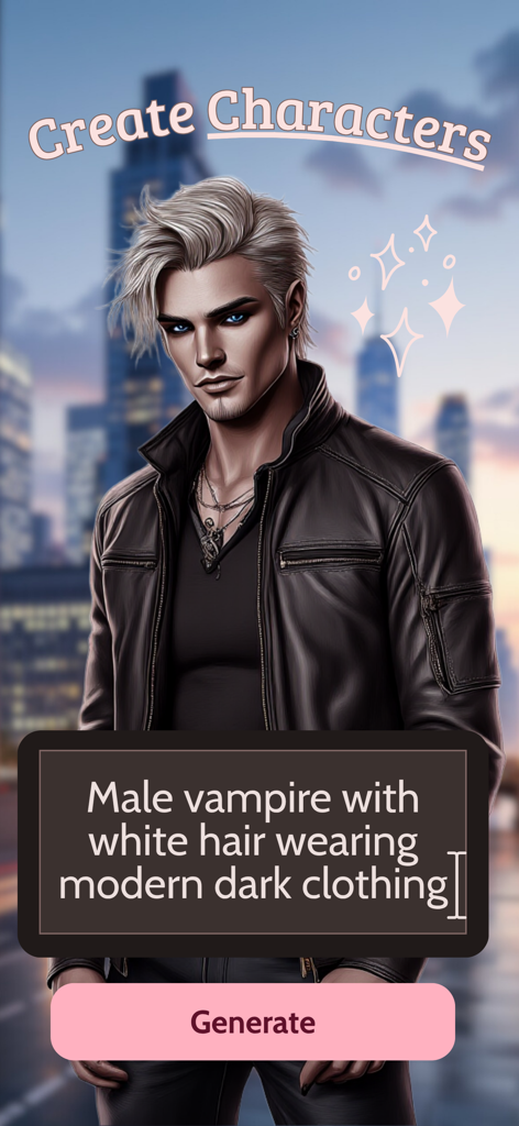 Euphoria: AI Choices - A male vampire character with white hair and a leather jacket created using an AI text prompt in the Euphoria app interface.