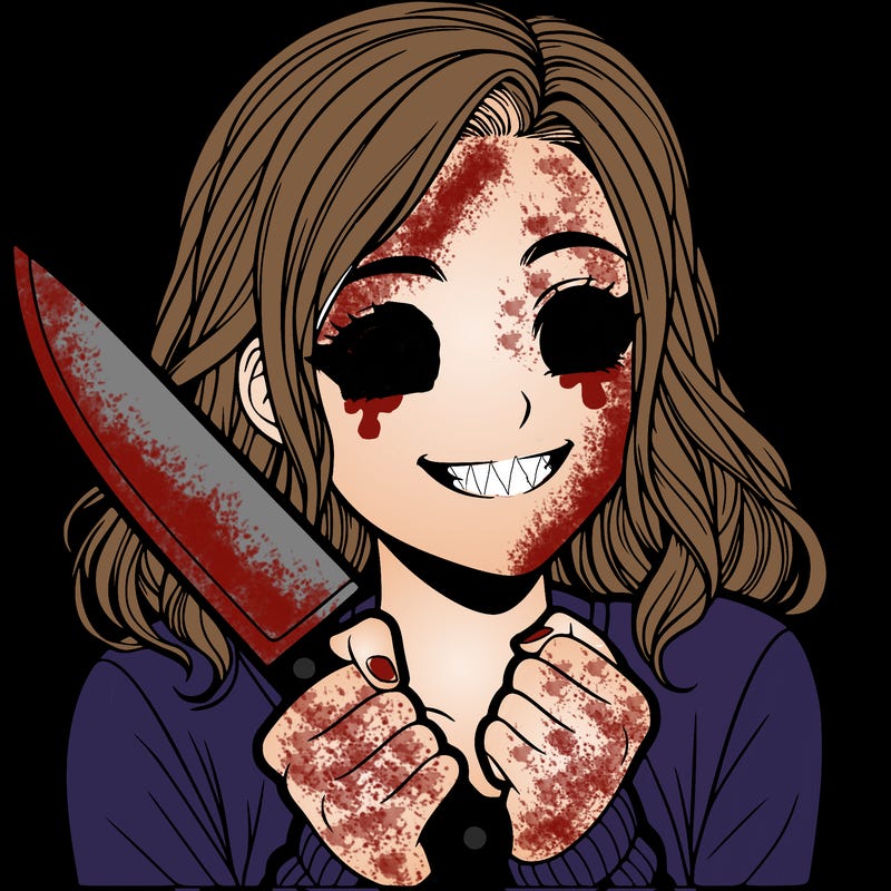 a realistic girl holding a knife and grinning