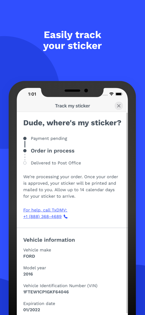 A mobile interface for the Texas by Texas app showing the order status of a vehicle registration sticker.