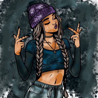 realistic teenage girl with braids and a beanie and crop top doing 🫶🏼