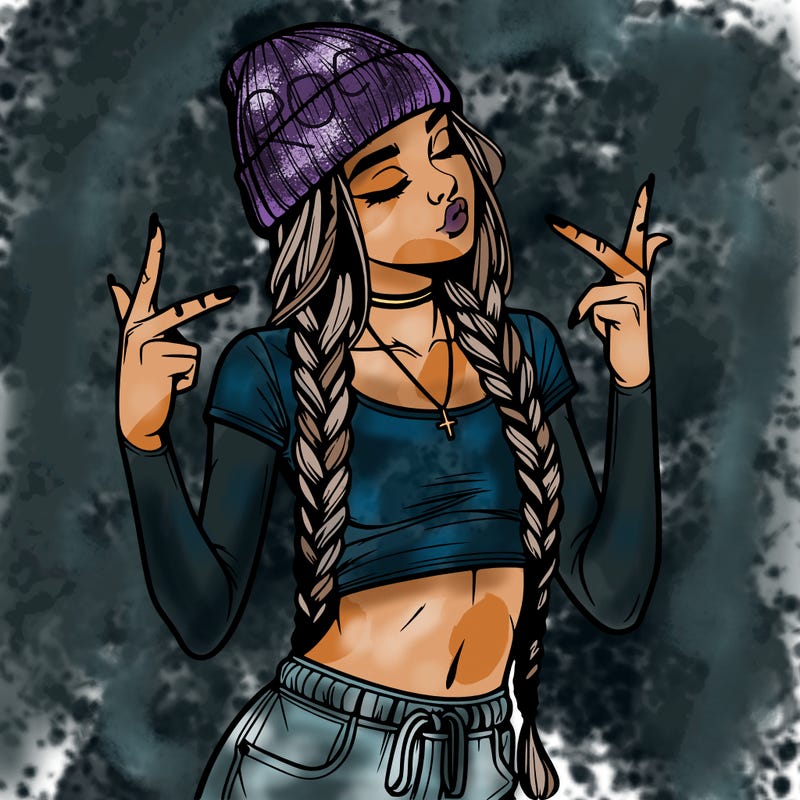 realistic teenage girl with braids and a beanie and crop top doing 🫶🏼