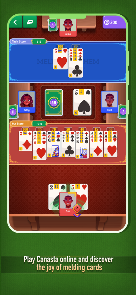 Canasta! - Gameplay screenshot of Canasta online showing card melds and multiplayer mode with four players.