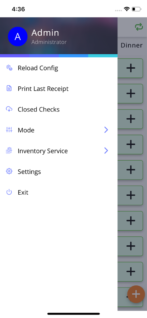 Administrator sidebar menu in InfoGenesis POS Terminal showing inventory and settings options.