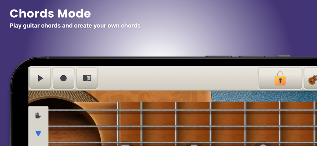 Virtual Guitar - Play Guitar - Interface de l'application de guitare virtuelle montrant le mode accords sur un appareil mobile
