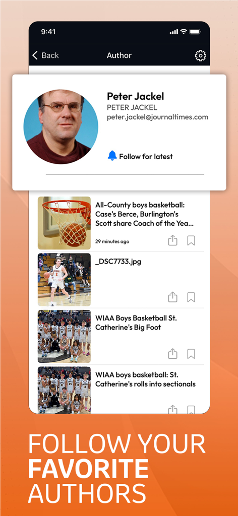 Journal Times app author profile page for Peter Jackel with a list of local sports articles and a follow button