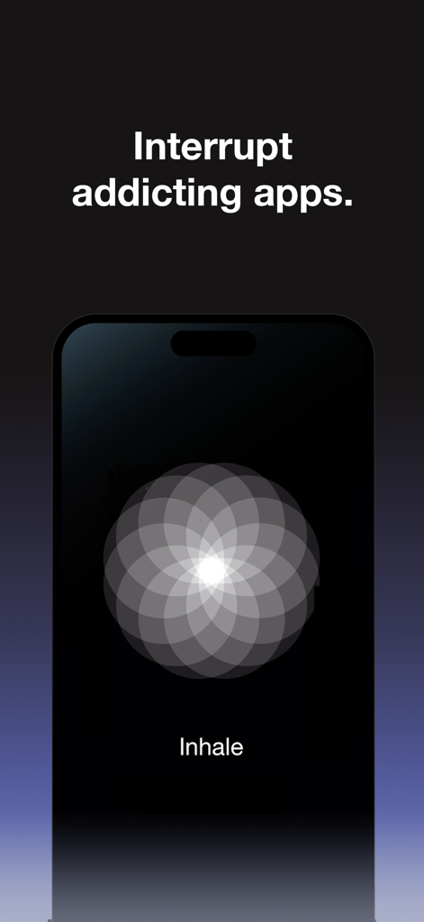 A minimalist screen with a geometric pattern and the word Inhale designed to interrupt addictive app usage.