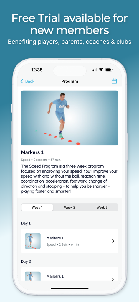 247 Football: Soccer Academy - Mobile app interface of 247 Football showing a three week soccer speed training program with video drills