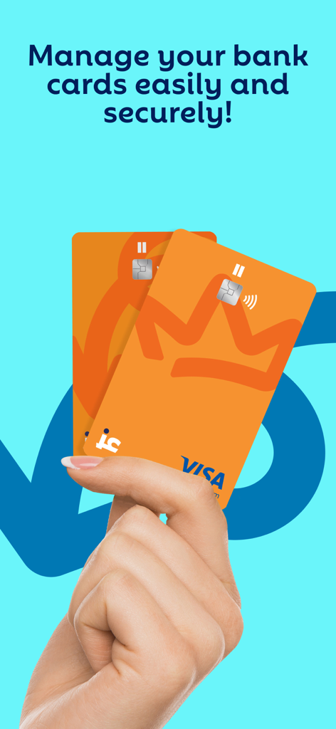 iz - Banking Experience - Hand holding orange Visa bank cards from the iz app