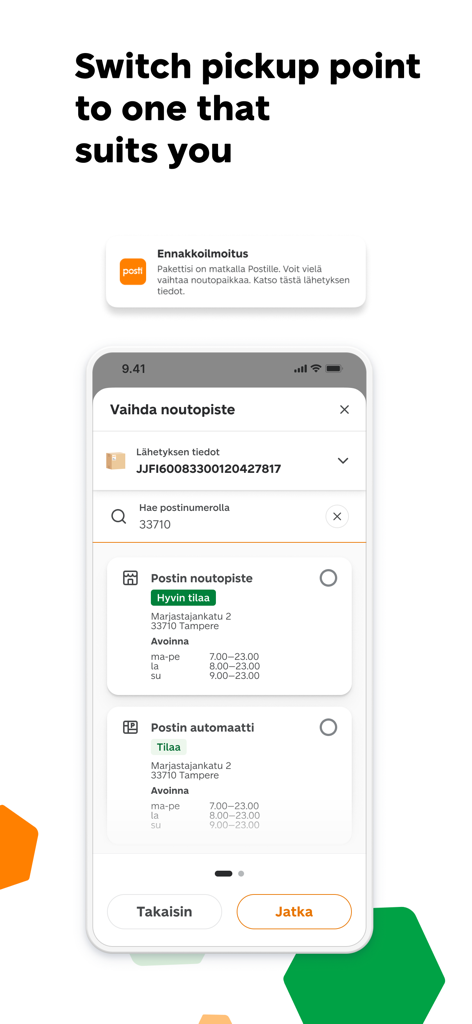 OmaPosti - A mobile screen showing the OmaPosti app interface for switching a parcel pickup point with options for service points and lockers