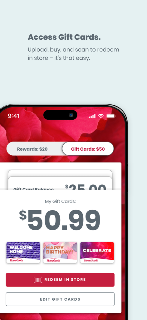 HomeGoods app screen showing digital gift card balances and a button to redeem them in store