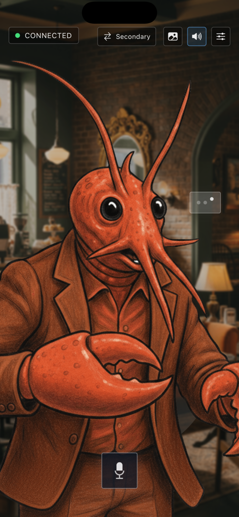 OpenClaw Voice Companion - OpenClaw Voice Companion interface featuring a lobster character in a suit with a voice interaction microphone button.