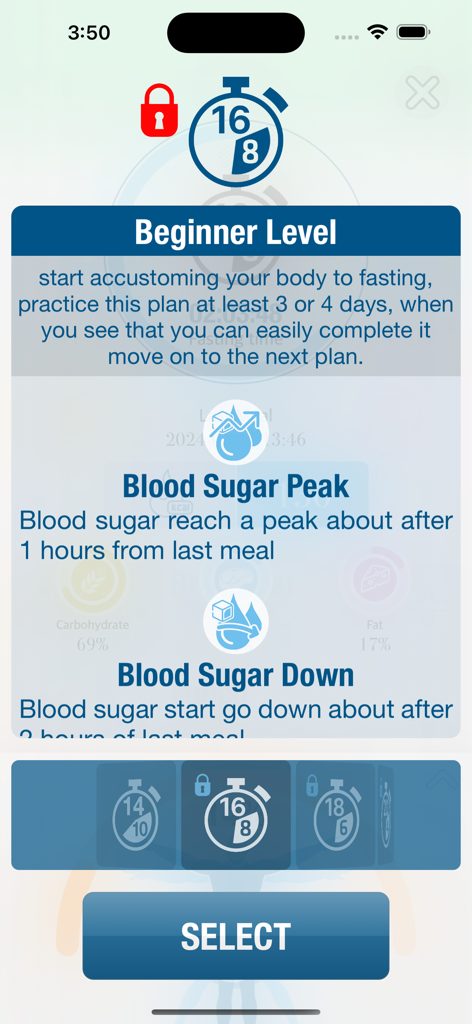Calorie Tracker & Fasting AI - Plan de ayuno intermitente 16:8 para principiantes con información sobre la fase de azúcar en sangre.