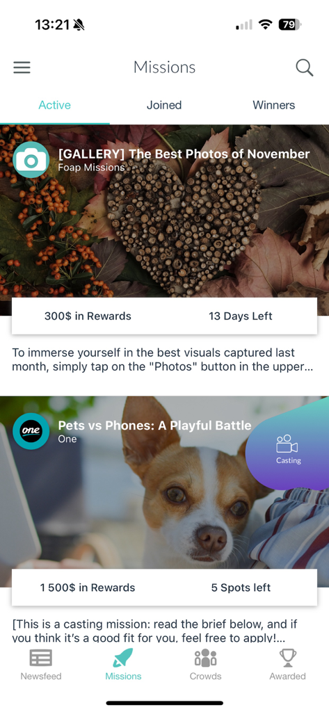 Foap app missions screen showing photography challenges and cash rewards