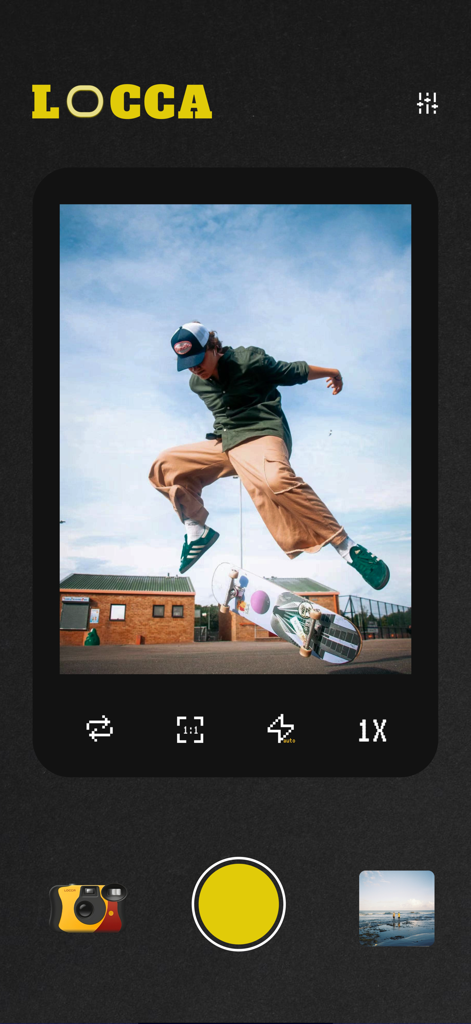 Locca app interface displaying a vintage film filter on a skateboard photo