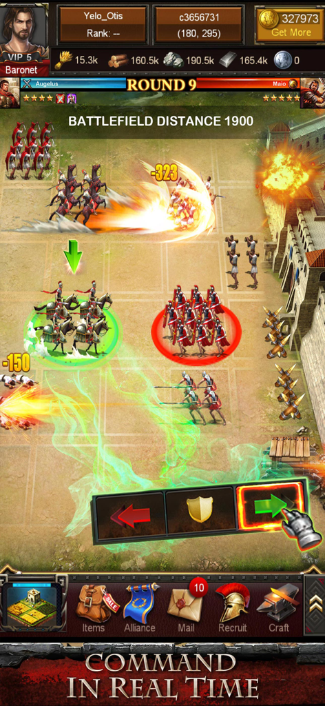 Empire War: Age of Hero - Real-time battle scene in Empire War Age of Heroes showing cavalry and infantry units on a grid battlefield with command controls.