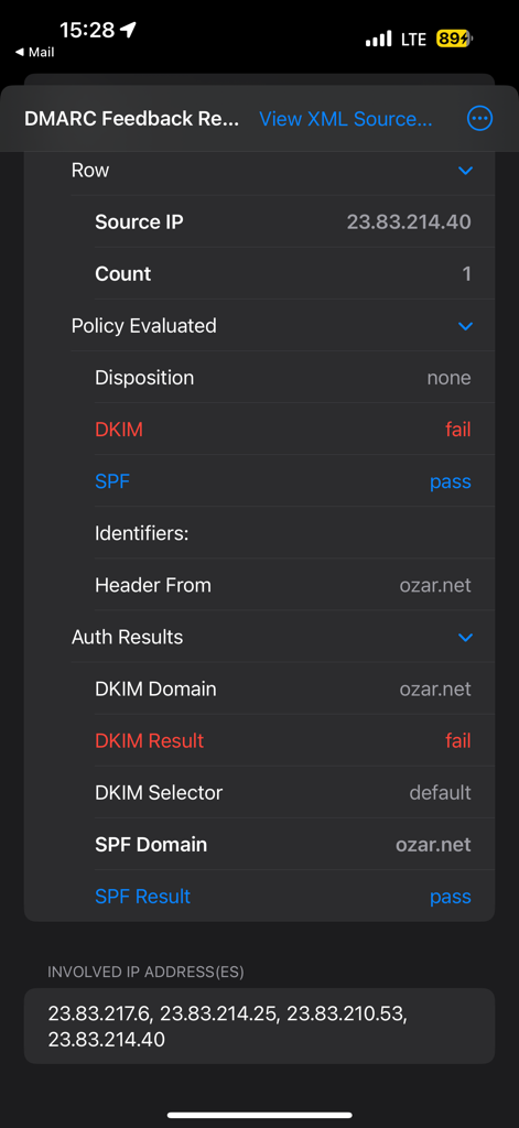 DMARC Aide - DMARC Aide app interface showing a detailed DMARC feedback report with email authentication results