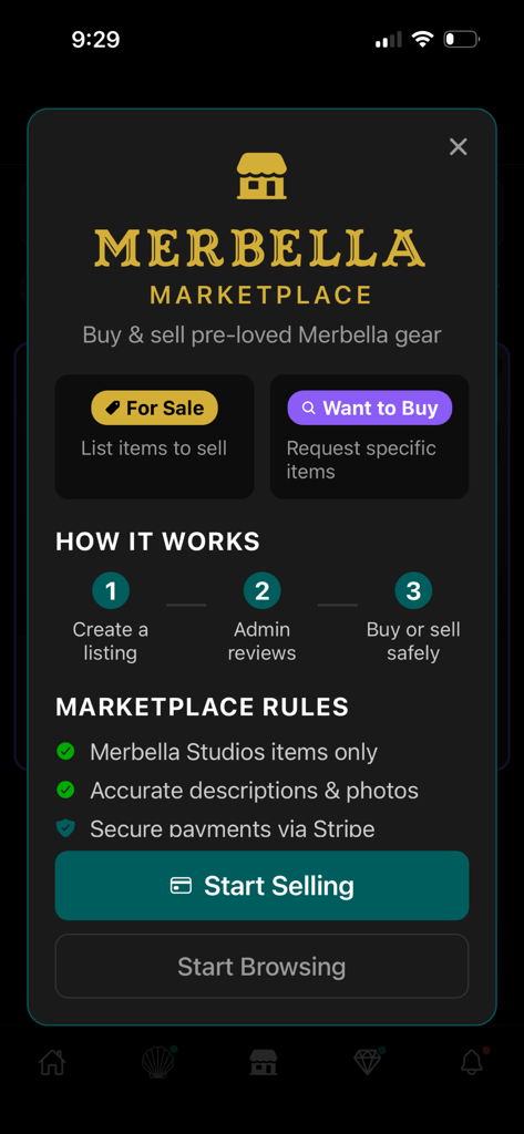 Merbella App marketplace screen for buying and selling pre-loved professional mermaid gear with rules and process steps.
