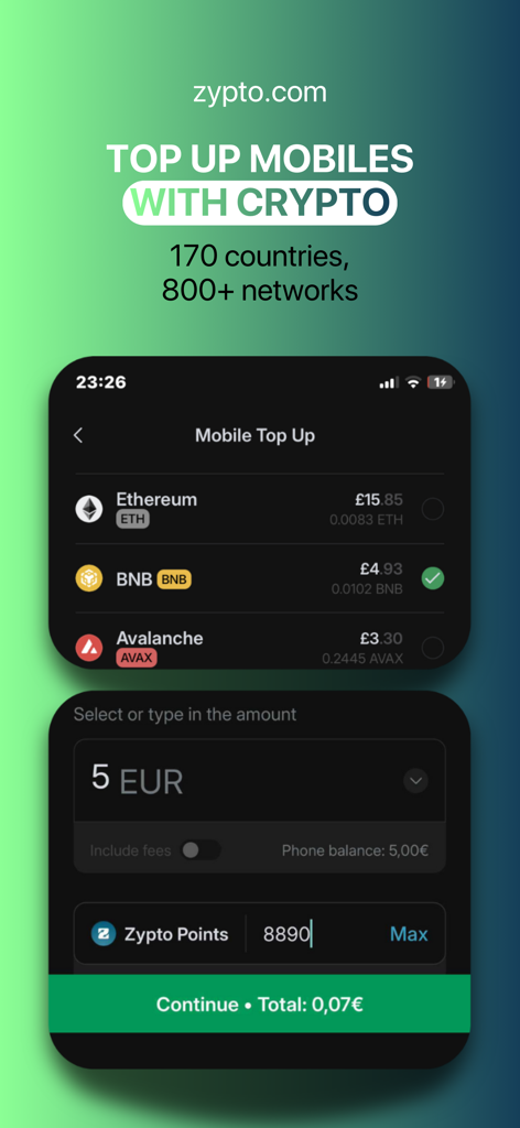 Zypto Crypto & Bitcoin Wallet - Zypto app interface showing how to top up mobile phone credits with Ethereum and BNB cryptocurrency