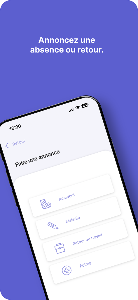 Loyapps Mobile - Mobile app interface for reporting work absences due to accident or illness and announcing returns to work