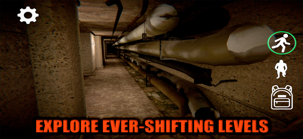 Backrooms Descent: Horror Game - Ein dunkler Industrie-Korridor mit großen Rohren im Horrorspiel Backrooms Descent