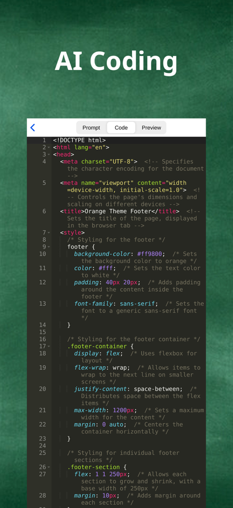 Interface of the W3S mobile app featuring an AI coding editor with HTML and CSS code