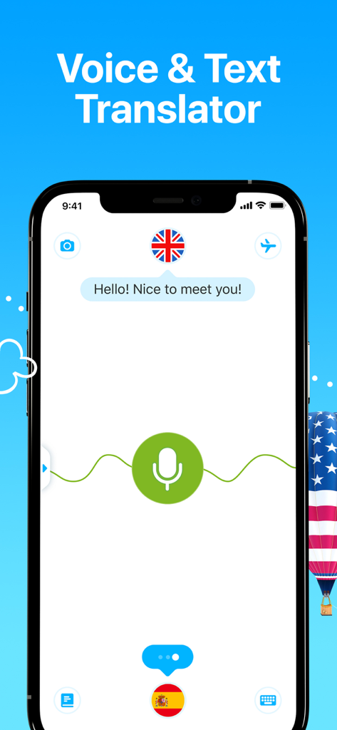 Dialog - Translate Speech - Dialog-App-Oberfläche, die Sprach- und Textübersetzung zwischen Englisch und Spanisch auf einem iPhone zeigt.