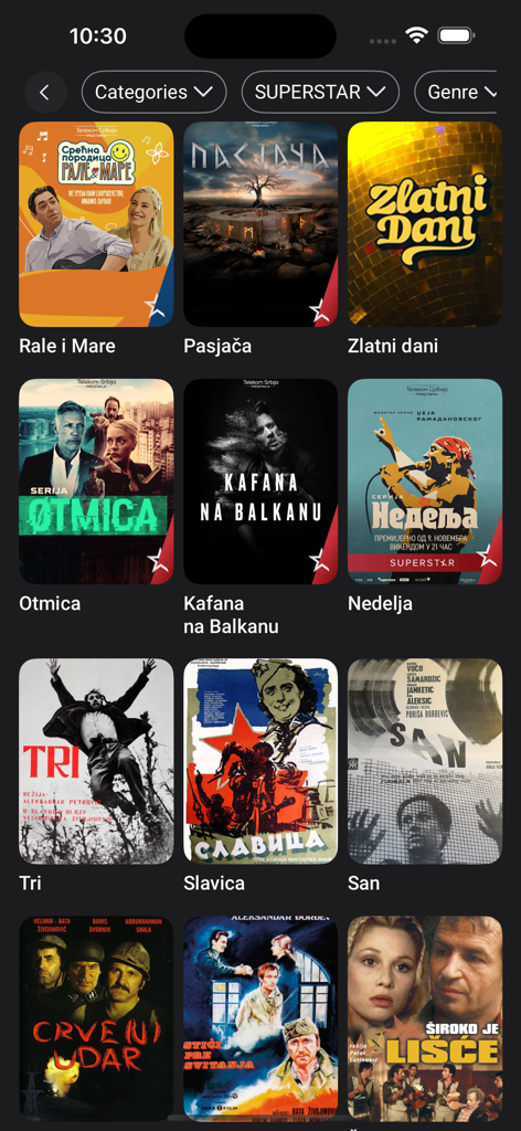 MOVE TV - MOVE TV App-Oberfläche mit einer Auswahl an serbischen Filmen und Serien für die Diaspora