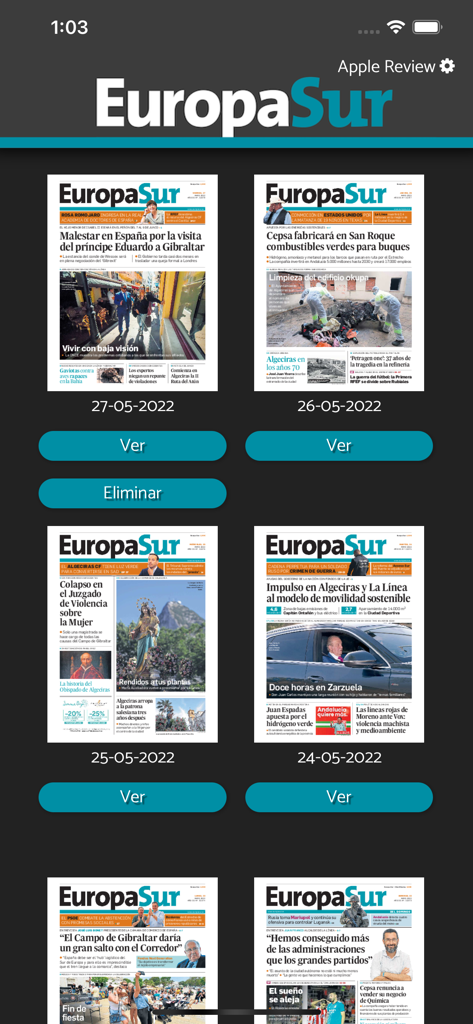 Europa sur - Europa Sur app interface displaying archived newspaper front pages with dates and navigation buttons