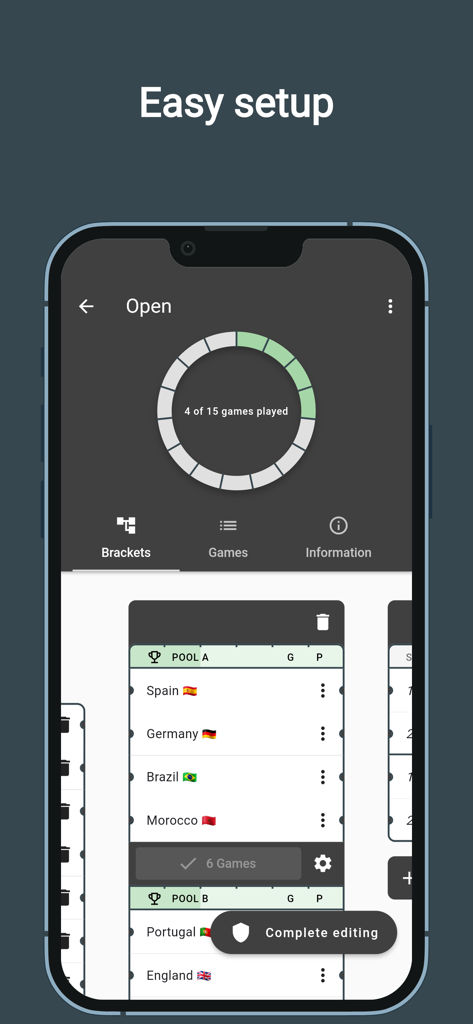 Tourney Maker - Mobile application interface for organizing sports tournament pools and game brackets
