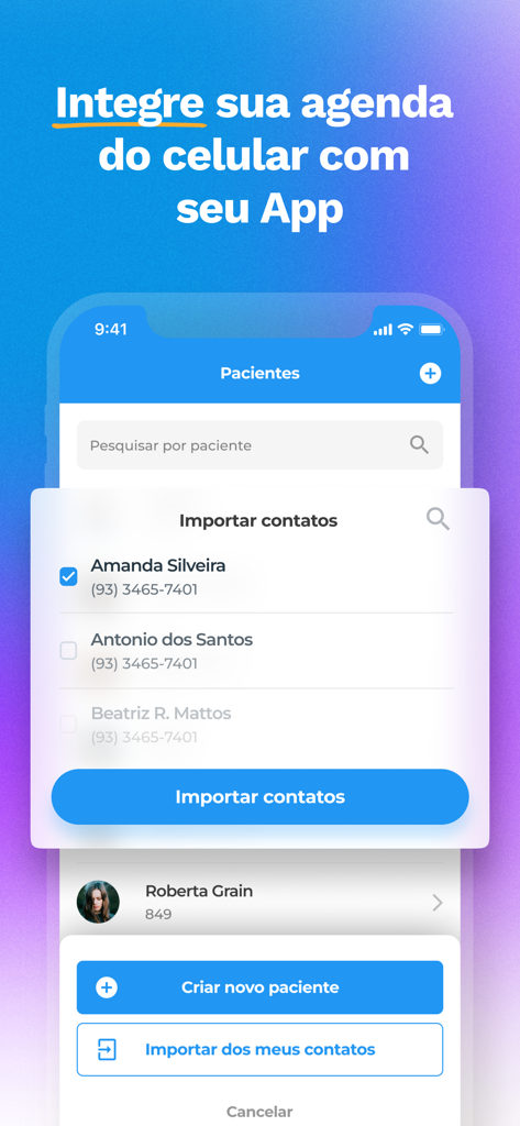 Simples Dental mobile app screen showing how to import patient contacts from a smartphone