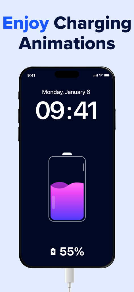 Cleaner AI: Photo Cleanup - Schermo dell'iPhone che visualizza un'animazione di ricarica personalizzata della batteria liquida viola e rosa al cinquanta per cento
