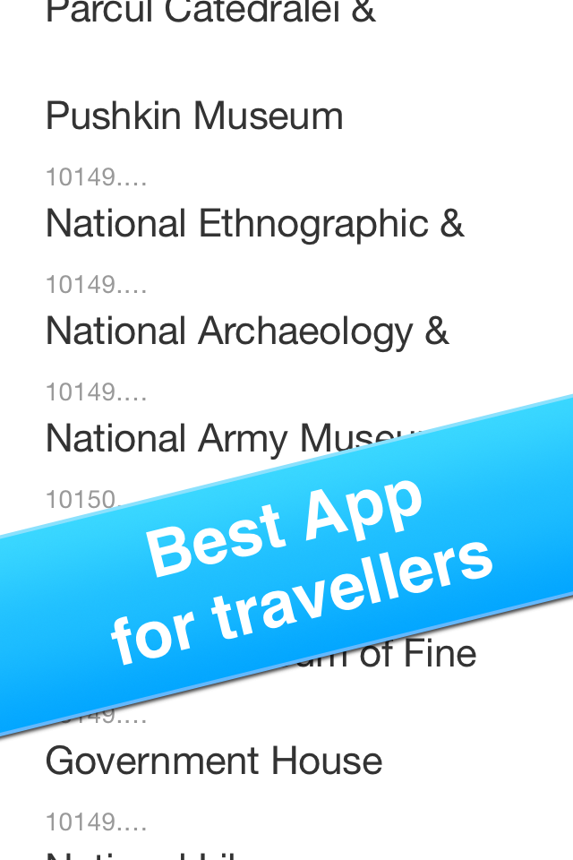 Une liste des musées et monuments de Kichinev, en Moldavie, dans l'application de guide de voyage hors ligne arborant la bannière « Meilleure application pour les voyageurs ».