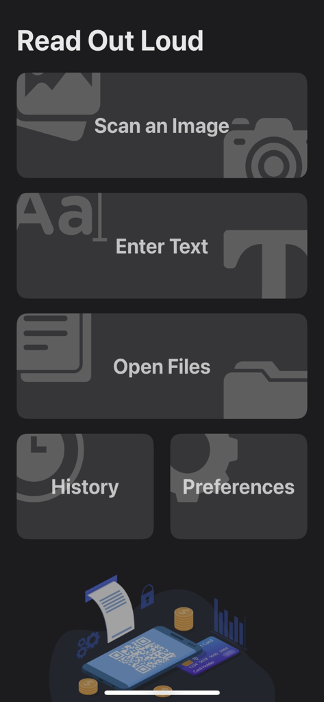 Interfaz principal de la aplicación Lector de Texto a Voz con opciones de escaneo, entrada de texto e importación de archivos.
