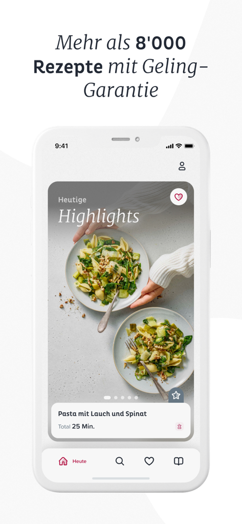 Betty Bossi cooking app home screen featuring daily recipe highlights and guaranteed cooking success