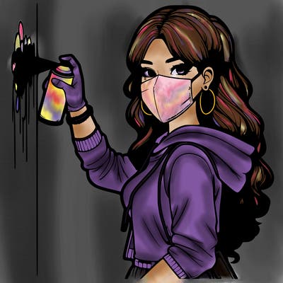 realistic girl with mask spray painting a wall