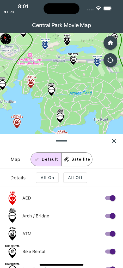 Central Park Movie Map - A mobile app interface displaying a map of Central Park with icons for movie locations and navigation filters for amenities like bridges and ATMs.
