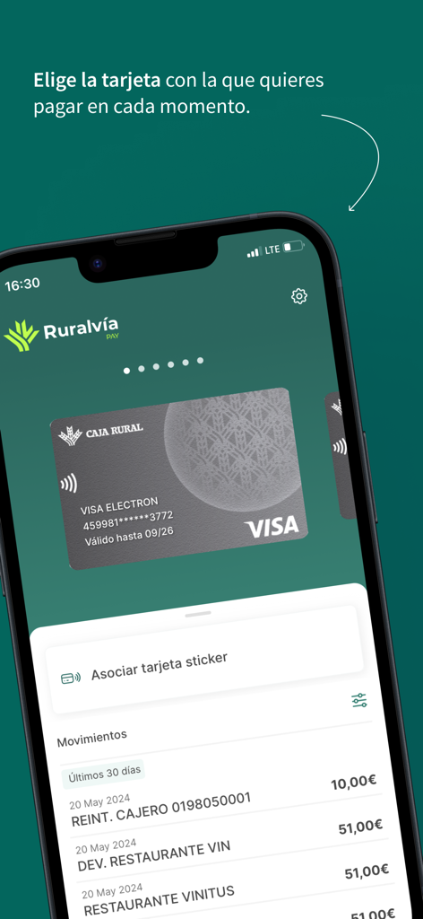 Ruralvia Pay mobile app screen showing a digital Visa card for payments and a list of recent transactions