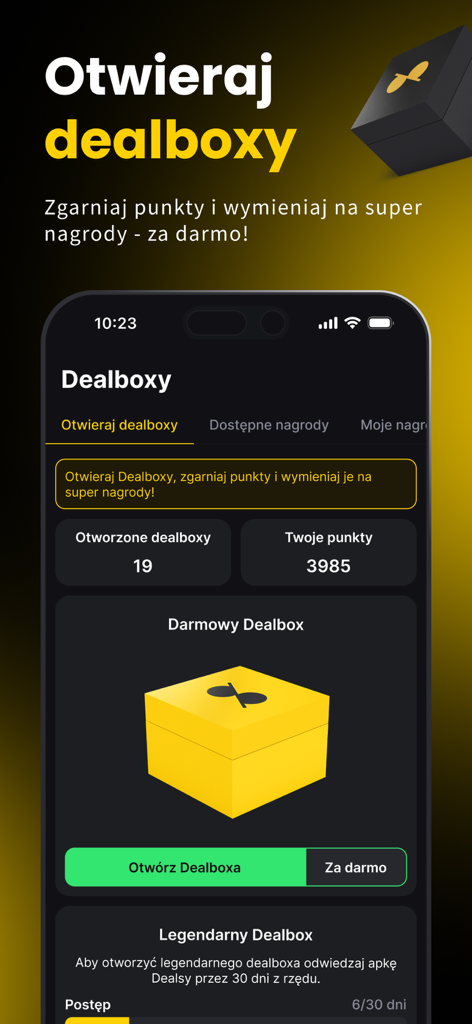 Dealsy - Promocje, Okazje - Écran des récompenses de l'application Dealsy avec le solde des points et des boîtes d'offres gratuites quotidiennes pour les acheteurs.