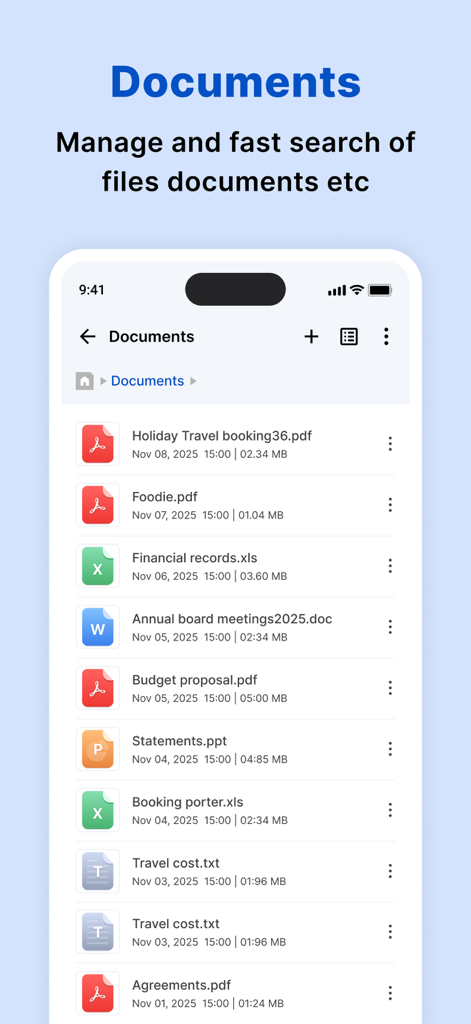 Une liste de divers documents, y compris des fichiers PDF et Excel, dans l'application ES File Explorer.