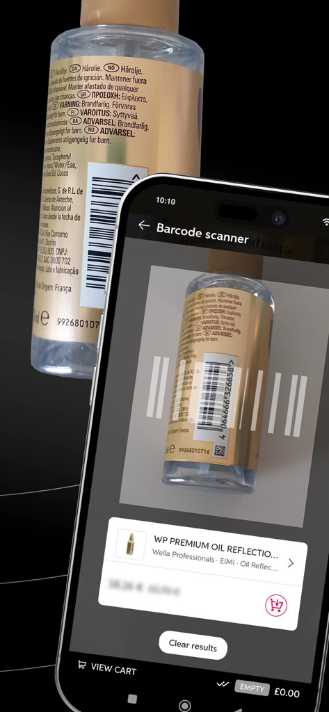 Mobile phone screen showing the Wella app barcode scanner feature identifying a hair oil bottle for professional salon reordering