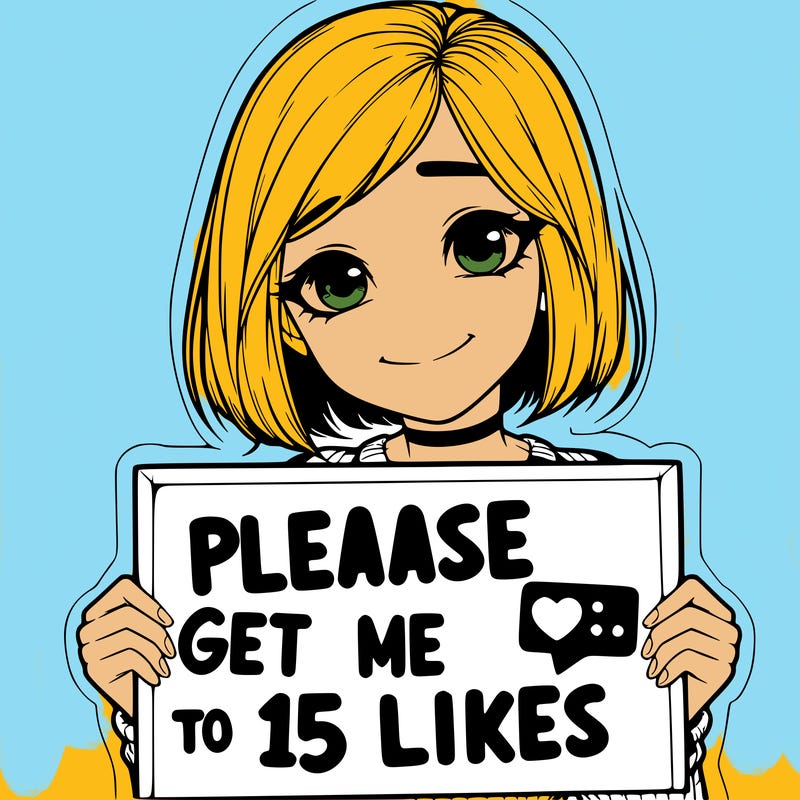 realistic girl holding up a sign that says please get me to 15 likes