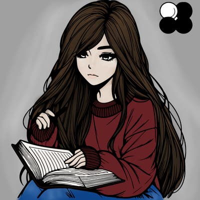 realistic girl with long hair wearing a baggie sweater reading a book