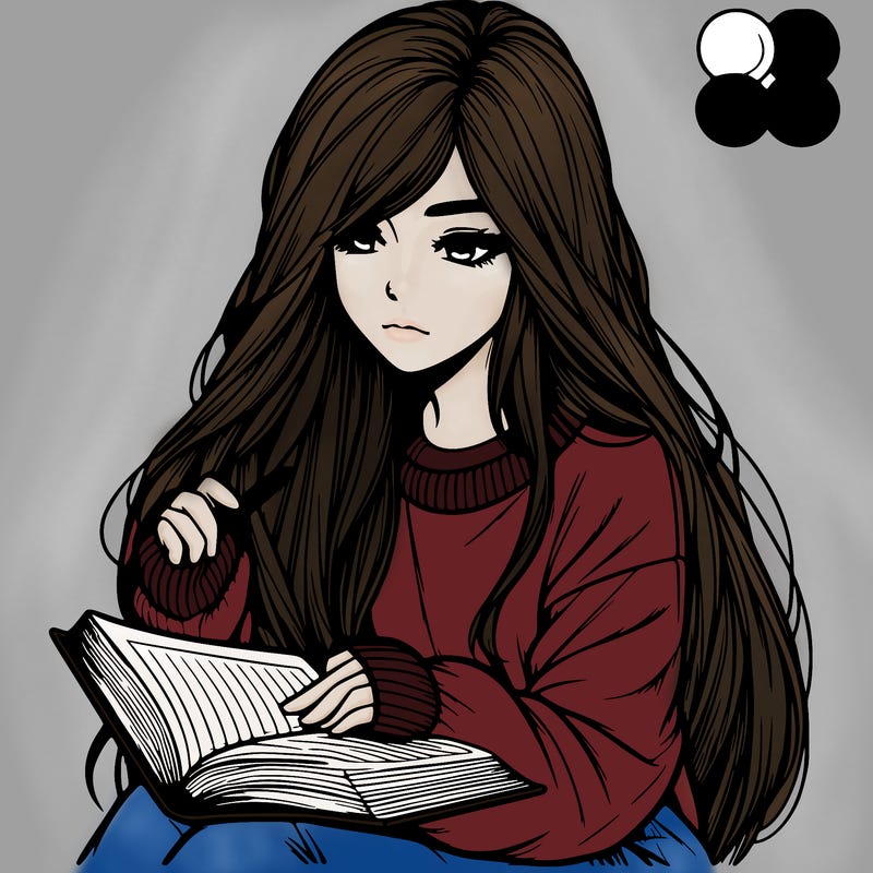 realistic girl with long hair wearing a baggie sweater reading a book