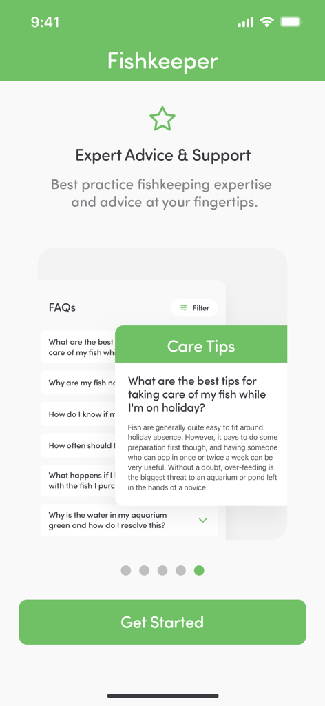 Fishkeeper - Captura de pantalla de la aplicación Fishkeeper que muestra consejos de expertos y pautas de cuidado de peces