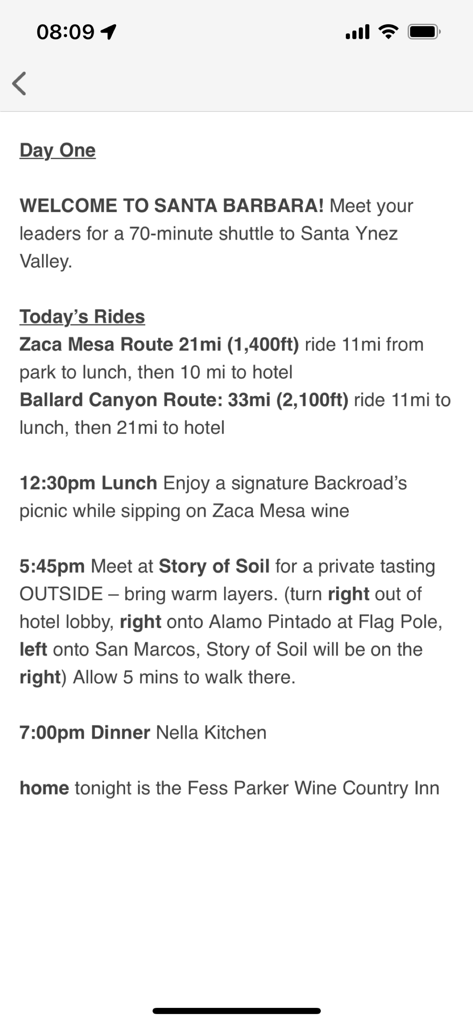 Backroads - Um itinerário diário detalhado no aplicativo Backroads para uma viagem ativa de luxo a Santa Barbara