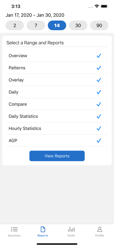 Dexcom Clarity app interface showing a list of selectable glucose data reports including patterns and daily statistics.