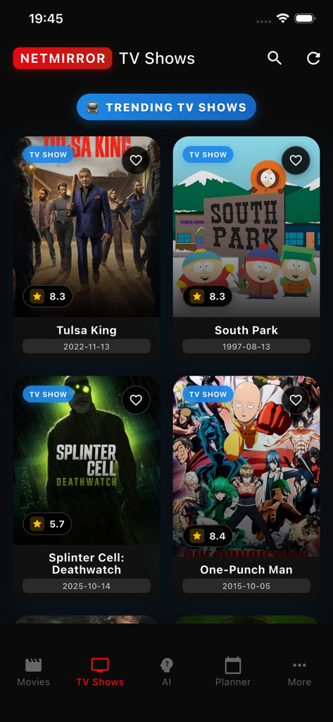 NetMirror app interface displaying trending TV shows including South Park and Tulsa King with ratings and release dates