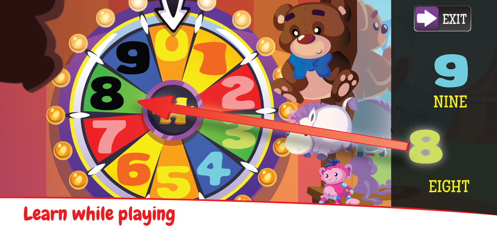 Juego educativo de aprendizaje de números para niños con una rueda colorida y animales de dibujos animados