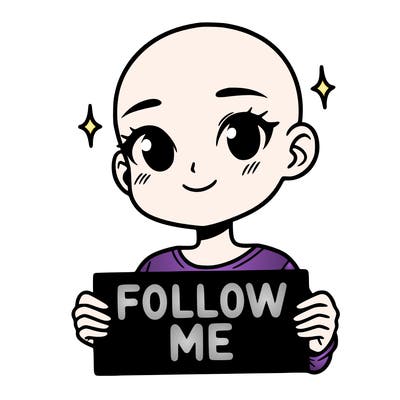 bald asian female holding up a sign says follow me